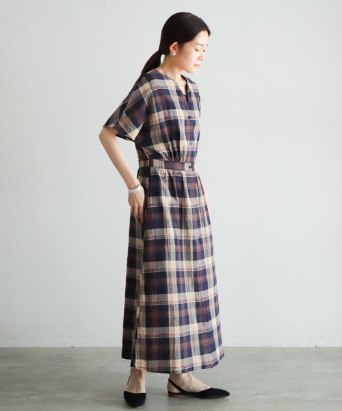 NOMBRE IMPAIR(ノンブルアンペール)の「オーガニックチェック 半袖ワンピース(ワンピース・レディース・ブラウン/ネイビー・FREE)」の9枚目の写真
