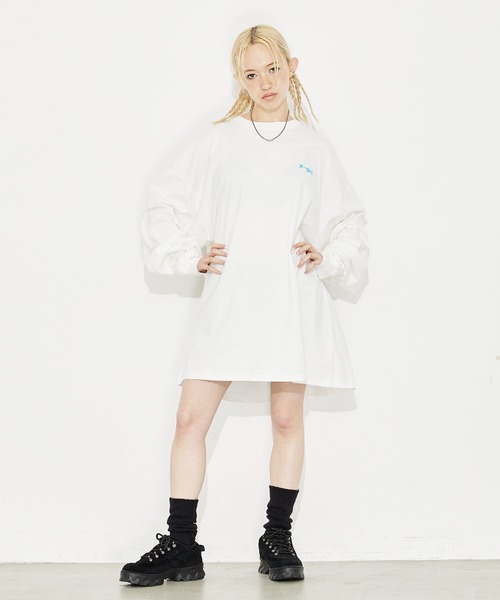 X-girl（エックスガール）の「YIN-YANG FLOWER L/S TEE DRESS（ワンピース・レディース・ホワイト/チャコール/ベージュ・M/S）」の8枚目の写真