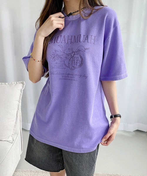 muahmuah(ムーアムーア)の「A'GEM/9 × .kom『muah muah/ムーアムーア』MUAH MARMALADE PIGMENT HALF T-SHIRT/マーマレードグラフィック ピグメント加工 Tシャツ カットソー(Tシャツ/カットソー・レディース・パープル/ベージュ/チャコールグレー/ライトブルー・FREE)」の15枚目の写真