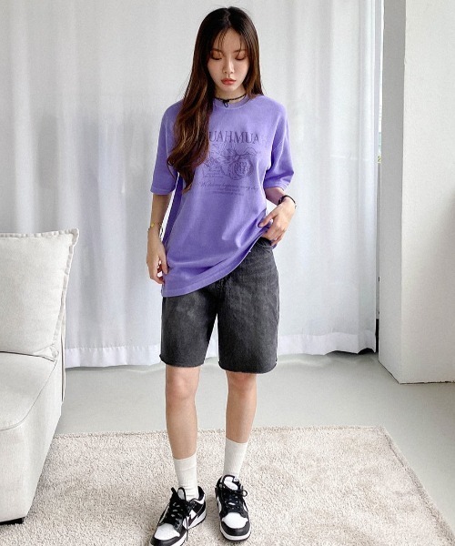 muahmuah(ムーアムーア)の「A'GEM/9 × .kom『muah muah/ムーアムーア』MUAH MARMALADE PIGMENT HALF T-SHIRT/マーマレードグラフィック ピグメント加工 Tシャツ カットソー(Tシャツ/カットソー・レディース・パープル/ベージュ/チャコールグレー/ライトブルー・FREE)」の16枚目の写真
