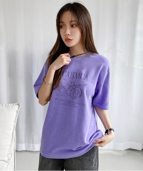 muahmuah(ムーアムーア)の「A'GEM/9 × .kom『muah muah/ムーアムーア』MUAH MARMALADE PIGMENT HALF T-SHIRT/マーマレードグラフィック ピグメント加工 Tシャツ カットソー(Tシャツ/カットソー・レディース・パープル/ベージュ/チャコールグレー/ライトブルー・FREE)」の17枚目の写真