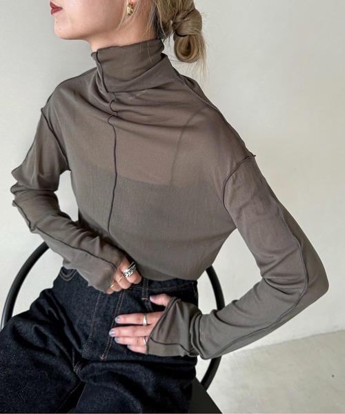 feepur（フェピュール）の「アウトリンキングシアーハイネックトップス（Tシャツ/カットソー・レディース・ブラック/オフホワイト/カーキ/オレンジ/ブルー/グリーン/ラベンダー/ピンク系その他・MEDIUM）」の3枚目の写真