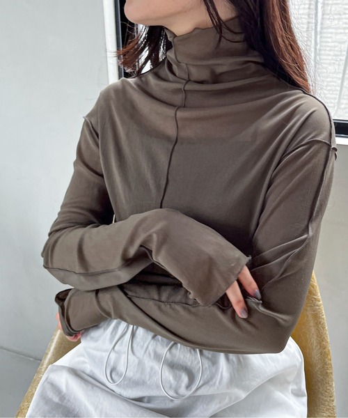 セール】アウトリンキングシアーハイネックトップス（Tシャツ