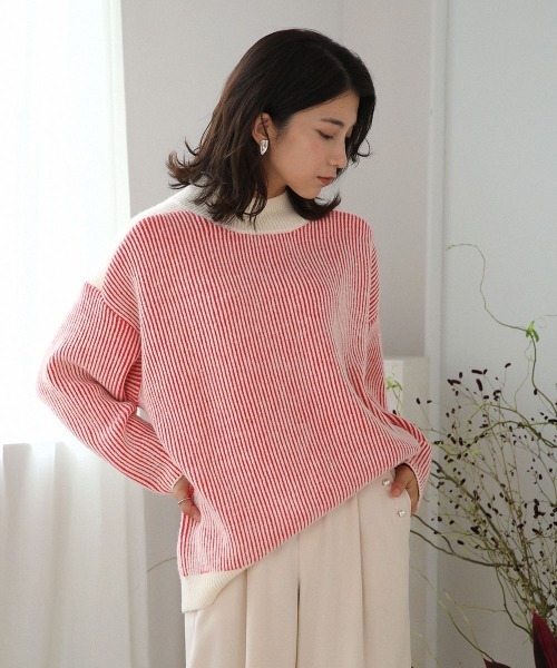 Bou Jeloud(ブージュルード)の「配色リブ編みニット(ニット/セーター・レディース・グリーン/レッド/ブルー/チャコールグレー・FREE)」の4枚目の写真