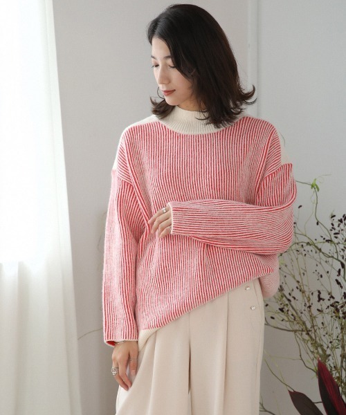 Bou Jeloud(ブージュルード)の「配色リブ編みニット(ニット/セーター・レディース・グリーン/レッド/ブルー/チャコールグレー・FREE)」の6枚目の写真