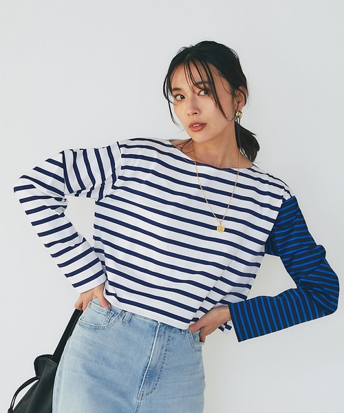 RIVE DROITE(リヴドロワ)の「切り返しのボーダーで遊び心をプラス/クレイジーボーダークロップカットソー(Tシャツ/カットソー・レディース・ブラック/ブルー・FREE)」の1枚目の写真