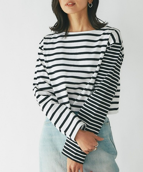 RIVE DROITE(リヴドロワ)の「切り返しのボーダーで遊び心をプラス/クレイジーボーダークロップカットソー(Tシャツ/カットソー・レディース・ブラック/ブルー・FREE)」の2枚目の写真