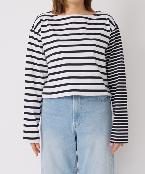 RIVE DROITE(リヴドロワ)の「切り返しのボーダーで遊び心をプラス/クレイジーボーダークロップカットソー(Tシャツ/カットソー・レディース・ブラック/ブルー・FREE)」の8枚目の写真