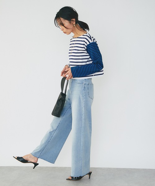 RIVE DROITE(リヴドロワ)の「切り返しのボーダーで遊び心をプラス/クレイジーボーダークロップカットソー(Tシャツ/カットソー・レディース・ブラック/ブルー・FREE)」の11枚目の写真