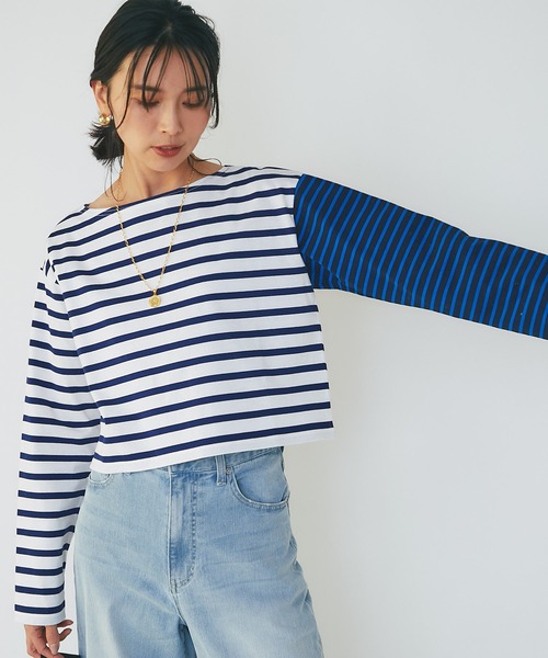 RIVE DROITE(リヴドロワ)の「切り返しのボーダーで遊び心をプラス/クレイジーボーダークロップカットソー(Tシャツ/カットソー・レディース・ブラック/ブルー・FREE)」の10枚目の写真