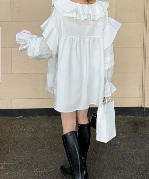 Dalfwin(ダールフィン)の「韓国ファッションラッフル襟フリルミニチュニックワンピース(ワンピース・レディース・ホワイト/ベージュ/カーキ/ブラック・FREE)」の12枚目の写真