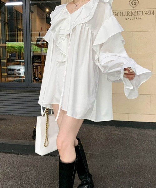 Dalfwin(ダールフィン)の「韓国ファッションラッフル襟フリルミニチュニックワンピース(ワンピース・レディース・ホワイト/ベージュ/カーキ/ブラック・FREE)」の8枚目の写真