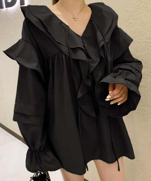 Dalfwin(ダールフィン)の「韓国ファッションラッフル襟フリルミニチュニックワンピース(ワンピース・レディース・ホワイト/ベージュ/カーキ/ブラック・FREE)」の15枚目の写真