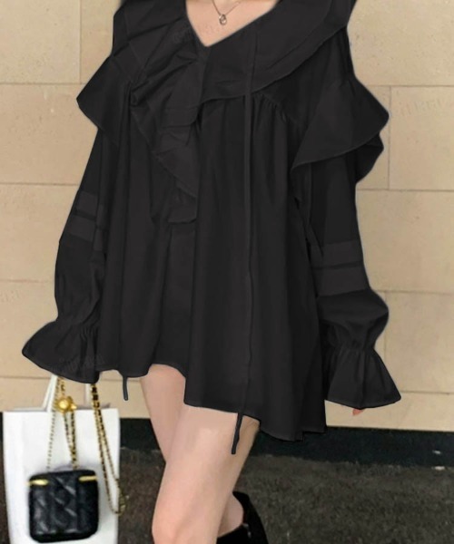 Dalfwin(ダールフィン)の「韓国ファッションラッフル襟フリルミニチュニックワンピース(ワンピース・レディース・ホワイト/ベージュ/カーキ/ブラック・FREE)」の14枚目の写真