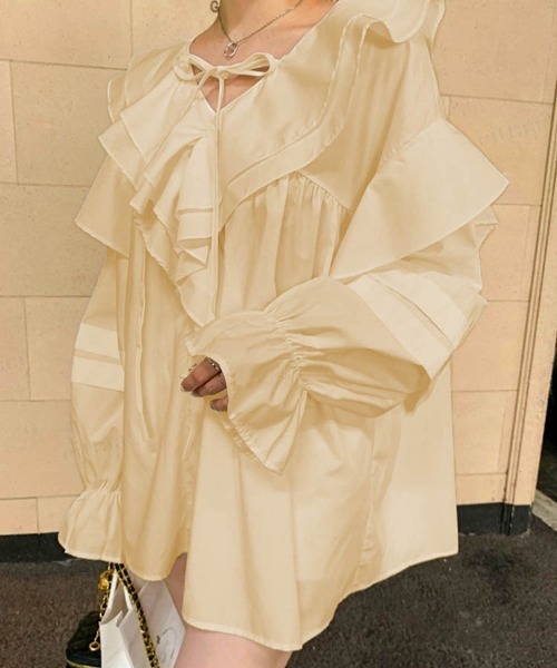 Dalfwin(ダールフィン)の「韓国ファッションラッフル襟フリルミニチュニックワンピース(ワンピース・レディース・ホワイト/ベージュ/カーキ/ブラック・FREE)」の6枚目の写真