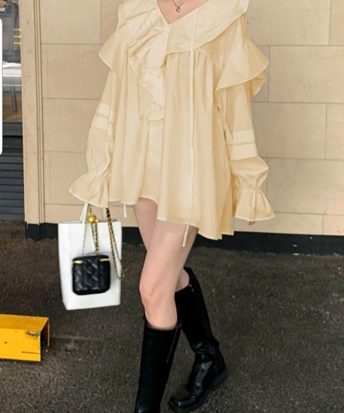 Dalfwin(ダールフィン)の「韓国ファッションラッフル襟フリルミニチュニックワンピース(ワンピース・レディース・ホワイト/ベージュ/カーキ/ブラック・FREE)」の7枚目の写真