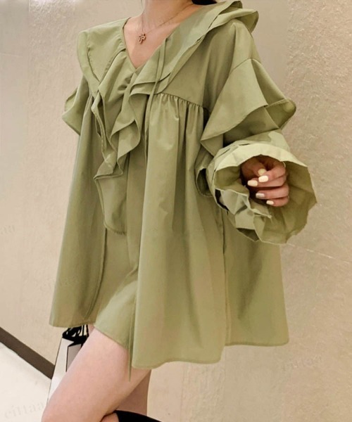 Dalfwin(ダールフィン)の「韓国ファッションラッフル襟フリルミニチュニックワンピース(ワンピース・レディース・ホワイト/ベージュ/カーキ/ブラック・FREE)」の9枚目の写真