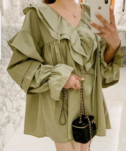 Dalfwin(ダールフィン)の「韓国ファッションラッフル襟フリルミニチュニックワンピース(ワンピース・レディース・ホワイト/ベージュ/カーキ/ブラック・FREE)」の13枚目の写真