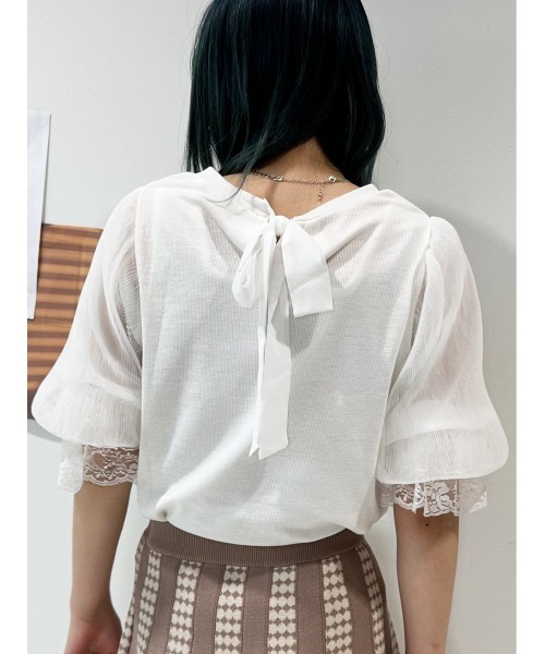 グランジコケット 平成古着 CECIL McBEE 胸元リボン パフスリトップス 小花柄パワーネットシアートップス｜カットソー｜CECIL McBEE