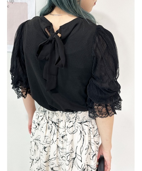 グランジコケット 平成古着 CECIL McBEE 胸元リボン パフスリトップス CECIL McBEE シャツ ブラウス シアーシャイニーリボン付き
