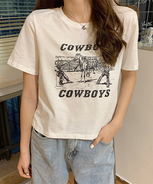 c.u.l（シーユーエル）の「カウボーイプリント クロップド丈Tシャツ culw402（Tシャツ/カットソー・レディース・ホワイト/ブラック/グレー・L/M/XL）」の2枚目の写真