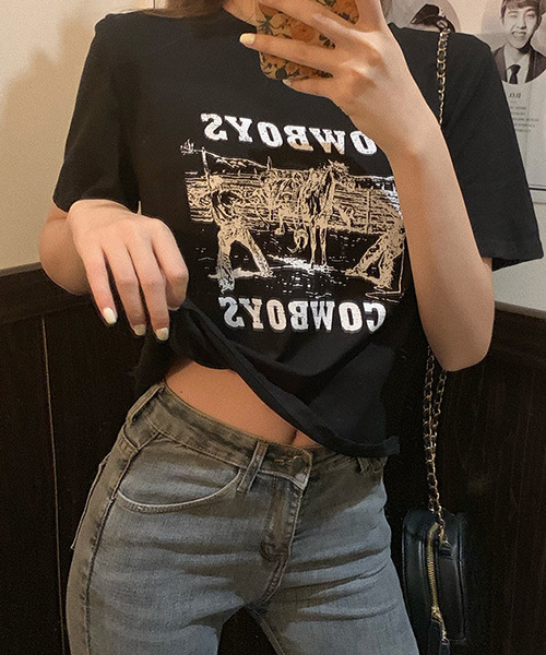 c.u.l（シーユーエル）の「カウボーイプリント クロップド丈Tシャツ culw402（Tシャツ/カットソー・レディース・ホワイト/ブラック/グレー・L/M/XL）」の4枚目の写真