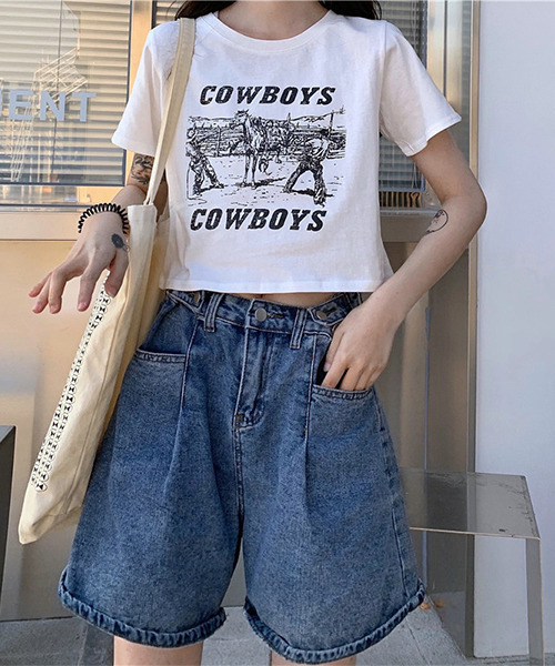 c.u.l（シーユーエル）の「カウボーイプリント クロップド丈Tシャツ culw402（Tシャツ/カットソー・レディース・ホワイト/ブラック/グレー・L/M/XL）」の5枚目の写真