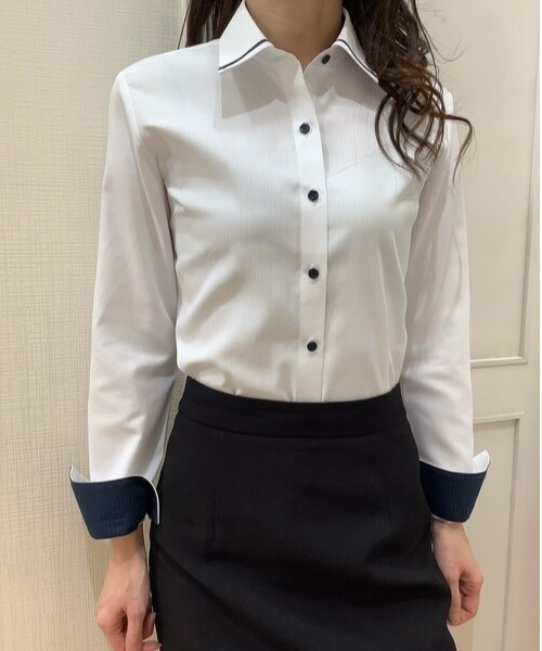 TOKYO SHIRTS(トウキョウシャツ)の「透け防止 形態安定ノーアイロン マイターレギュラー 長袖ビジネスワイシャツ(ビジネスシャツ・レディース・ホワイト・XL/LL/L/M/XS/S)」の1枚目の写真
