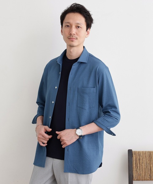 TAKEO KIKUCHI(タケオキクチ)の「【抗菌防臭/7分袖】サッカージャージ ストライプシャツ(シャツ/ブラウス・メンズ・ネイビー系2/ブルー系2/イエロー系その他4/ピンク系その他/グレー系その他3/ライトオレンジ系/ネイビー系3/ライトベージュ/ブルー系その他4/ブルー/グリーン系3/チャコール・01/02/03/04/05)」の1枚目の写真