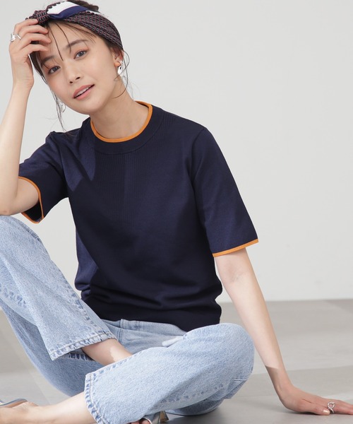 N.（N. Natural Beauty Basic）（エヌエヌナチュラルビューティーベーシック）の「◆総針切替配色ラインニット（ニット/セーター・レディース・ネイビー/オフホワイト/グレイッシュベージュ・MEDIUM）」の3枚目の写真