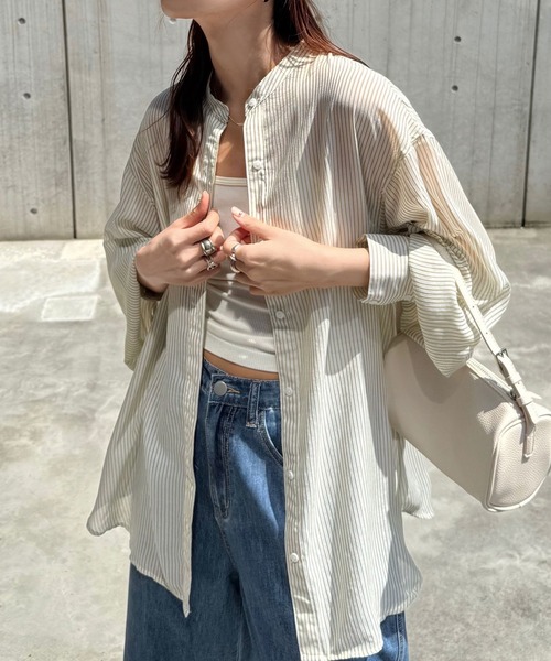 andme(アンドミー)の「シアーボリュームスリーブシャツブラウス(シャツ/ブラウス・レディース・ピンク/オフホワイト/ブラウン系その他/グリーン系その他/ブルー系その他/グレイッシュベージュ/ブルーグリーン/ライトグレー/コーラル/ブラック・M)」の6枚目の写真