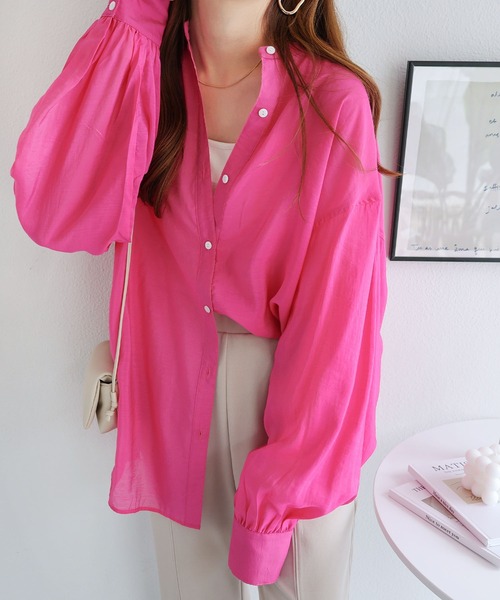 andme(アンドミー)の「シアーボリュームスリーブシャツブラウス(シャツ/ブラウス・レディース・ピンク/オフホワイト/ブラウン系その他/グリーン系その他/ブルー系その他/グレイッシュベージュ/ブルーグリーン/ライトグレー/コーラル/ブラック・M)」の9枚目の写真