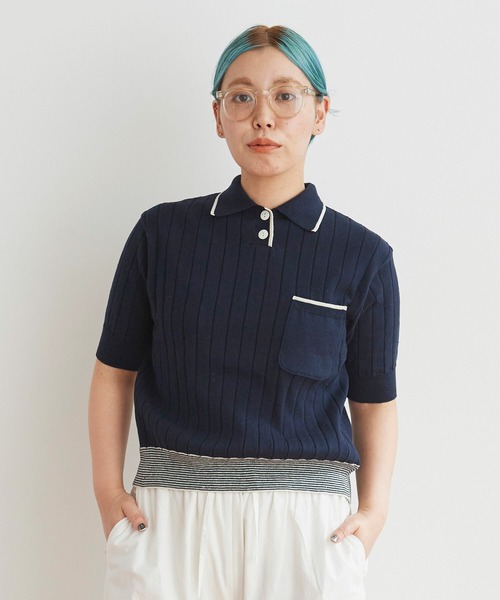 AMBIDEX（アンビデックス）の「☆リサイクルコットン レトロKNIT　POLO（ポロシャツ・レディース・キナリ/ネイビー/レッド・FREE）」の2枚目の写真