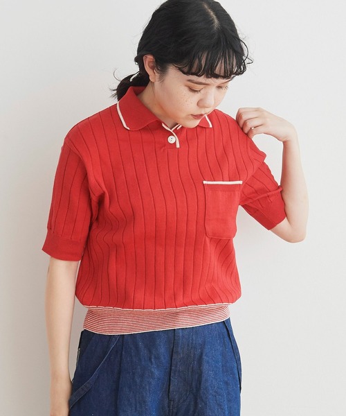 AMBIDEX（アンビデックス）の「☆リサイクルコットン レトロKNIT　POLO（ポロシャツ・レディース・キナリ/ネイビー/レッド・FREE）」の3枚目の写真