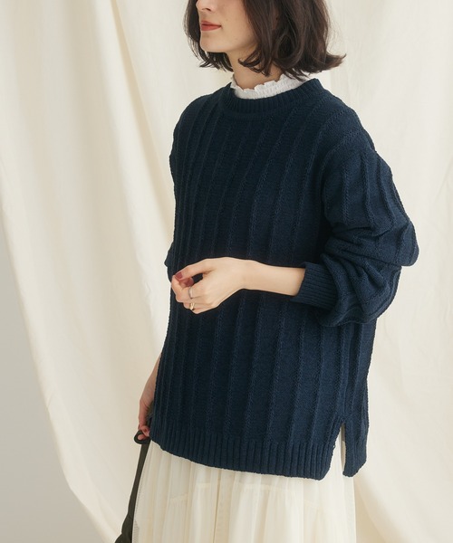 CRAFT STANDARD BOUTIQUE（クラフトスタンダードブティック）の「洗えるモールニット柄編みプルオーバー（ニット/セーター・レディース・ブルー/アイボリー/ネイビー/パープル/ベージュ/マスタード/ブラック・FREE）」の4枚目の写真