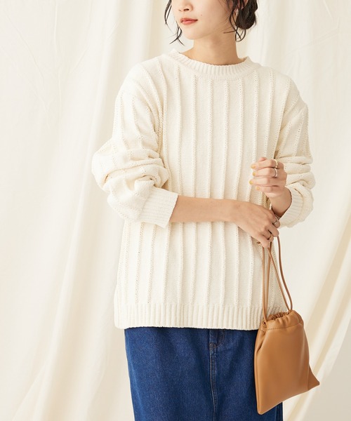 CRAFT STANDARD BOUTIQUE（クラフトスタンダードブティック）の「洗えるモールニット柄編みプルオーバー（ニット/セーター・レディース・ブルー/アイボリー/ネイビー/パープル/ベージュ/マスタード/ブラック・FREE）」の2枚目の写真