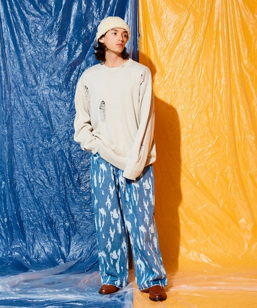 Adoon plain(アドーンプレーン)の「ブリーチワイドデニムパンツ(デニムパンツ・メンズ・ブラック/インディゴブルー・SMALL/MEDIUM/LARGE)」の8枚目の写真