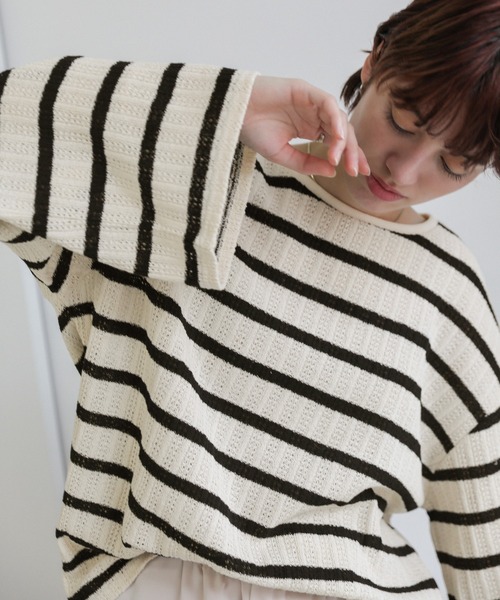 select MOCA(セレクトモカ)の「ボーダーレースオーバーサマーニット(ニット/セーター・レディース・ホワイト×ブラック/ブラック系その他・FREE)」の7枚目の写真