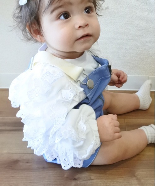 MAKE YOUR DAY(メイクユアデイ)の「異素材フリル長袖Tシャツ■80~140cm(Tシャツ/カットソー・キッズ・ブラック/クリーム/オフホワイト・110/130/120/140/100/80/90)」の1枚目の写真