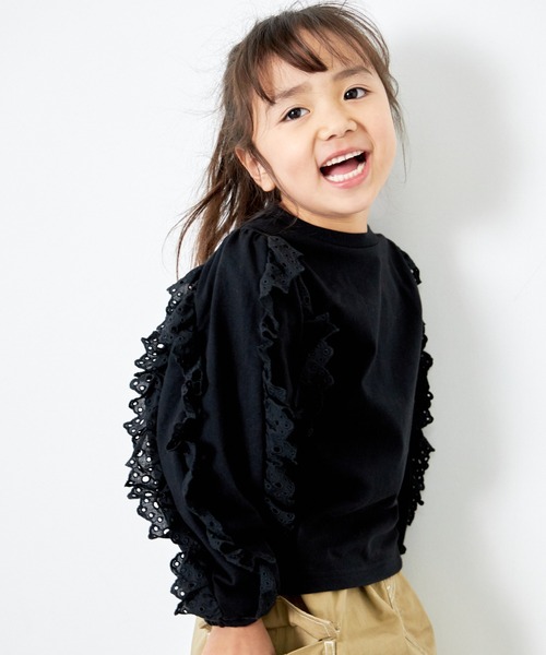 MAKE YOUR DAY(メイクユアデイ)の「異素材フリル長袖Tシャツ■80~140cm(Tシャツ/カットソー・キッズ・ブラック/クリーム/オフホワイト・110/130/120/140/100/80/90)」の4枚目の写真