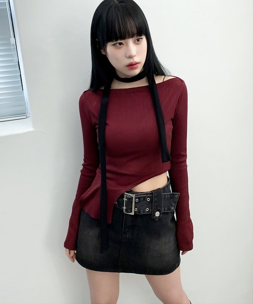 FOLLOWIN（フォロウィン）の「[FLW MADE] [MD PICK] オフショルダーカットアウトリブTシャツ（Tシャツ/カットソー・レディース・バーガンディー/ブラウン/ベージュ/アイボリー/ブラック/チャコールグレー・FREE）」の8枚目の写真