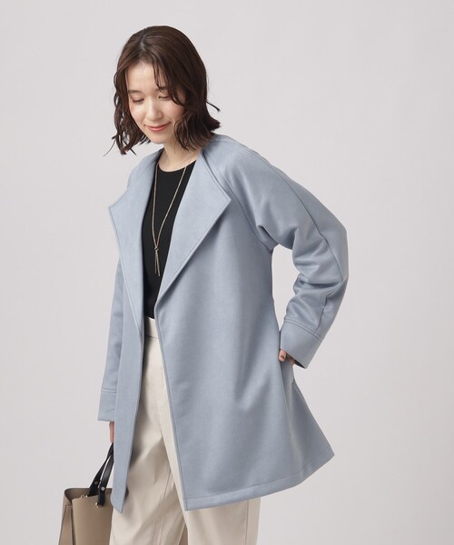 DRESKIP（ドレスキップ）の「◆【さらっと羽織れてきれい見え】デイリーに活躍する スエードポンチ着流しハーフコート（ノーカラーコート・レディース・ベージュ/ブルー/アイボリー・02/03/04）」の6枚目の写真