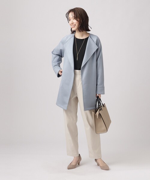 DRESKIP（ドレスキップ）の「◆【さらっと羽織れてきれい見え】デイリーに活躍する スエードポンチ着流しハーフコート（ノーカラーコート・レディース・ベージュ/ブルー/アイボリー・02/03/04）」の8枚目の写真