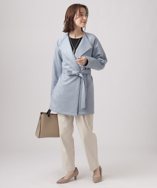 DRESKIP（ドレスキップ）の「◆【さらっと羽織れてきれい見え】デイリーに活躍する スエードポンチ着流しハーフコート（ノーカラーコート・レディース・ベージュ/ブルー/アイボリー・02/03/04）」の9枚目の写真