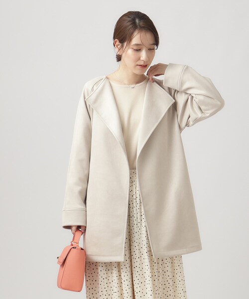 DRESKIP（ドレスキップ）の「◆【さらっと羽織れてきれい見え】デイリーに活躍する スエードポンチ着流しハーフコート（ノーカラーコート・レディース・ベージュ/ブルー/アイボリー・02/03/04）」の16枚目の写真