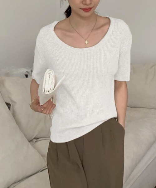 Miniministore(ミニミニストア)の「半袖 サマーニット レディースニットソー(Tシャツ/カットソー・レディース・ベージュ/グリーン/ピンク/ホワイト/ライトベージュ/ブラック・FREE)」の2枚目の写真