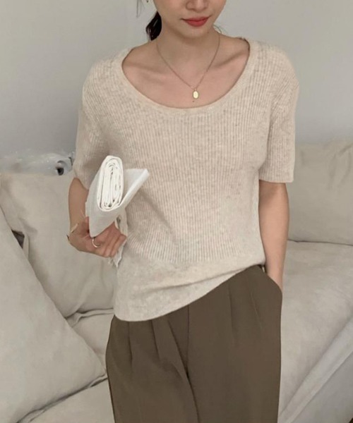 Miniministore(ミニミニストア)の「半袖 サマーニット レディースニットソー(Tシャツ/カットソー・レディース・ベージュ/グリーン/ピンク/ホワイト/ライトベージュ/ブラック・FREE)」の5枚目の写真