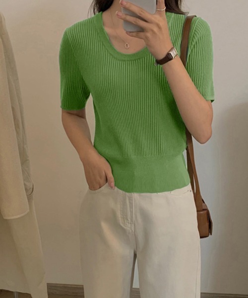 Miniministore(ミニミニストア)の「半袖 サマーニット レディースニットソー(Tシャツ/カットソー・レディース・ベージュ/グリーン/ピンク/ホワイト/ライトベージュ/ブラック・FREE)」の1枚目の写真