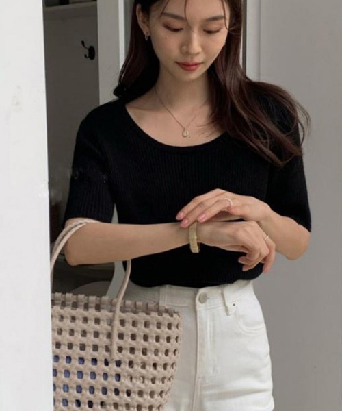 Miniministore(ミニミニストア)の「半袖 サマーニット レディースニットソー(Tシャツ/カットソー・レディース・ベージュ/グリーン/ピンク/ホワイト/ライトベージュ/ブラック・FREE)」の3枚目の写真