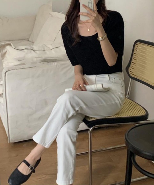 Miniministore(ミニミニストア)の「半袖 サマーニット レディースニットソー(Tシャツ/カットソー・レディース・ベージュ/グリーン/ピンク/ホワイト/ライトベージュ/ブラック・FREE)」の7枚目の写真